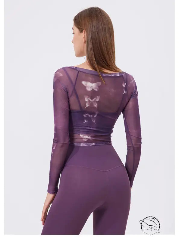 Floral Butterfly Faux Two Piece Sports t Shirt Women Long Sleeve with Chest Pad Yoga Clothes Mesh Top Quick Drying