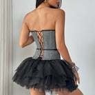 Langry fashion strapless grey lace corset dress with black tulle skirt