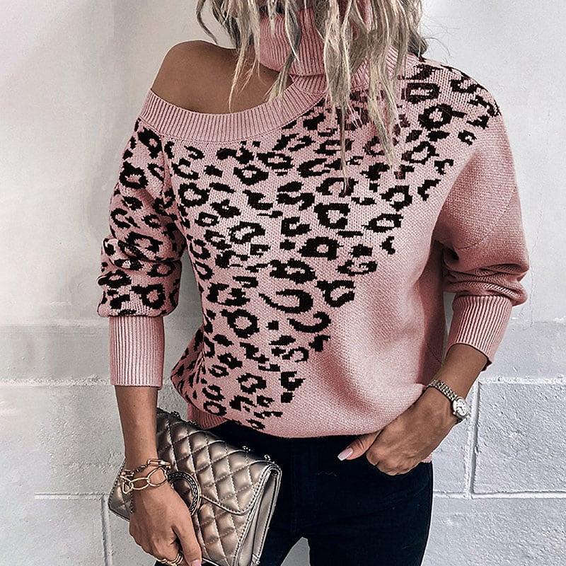Pink langry leopard print off-shoulder fashion sweater with ribbed trim