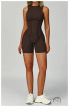 Brown langry yoga jumpsuit in seamless fashion with white sneakers