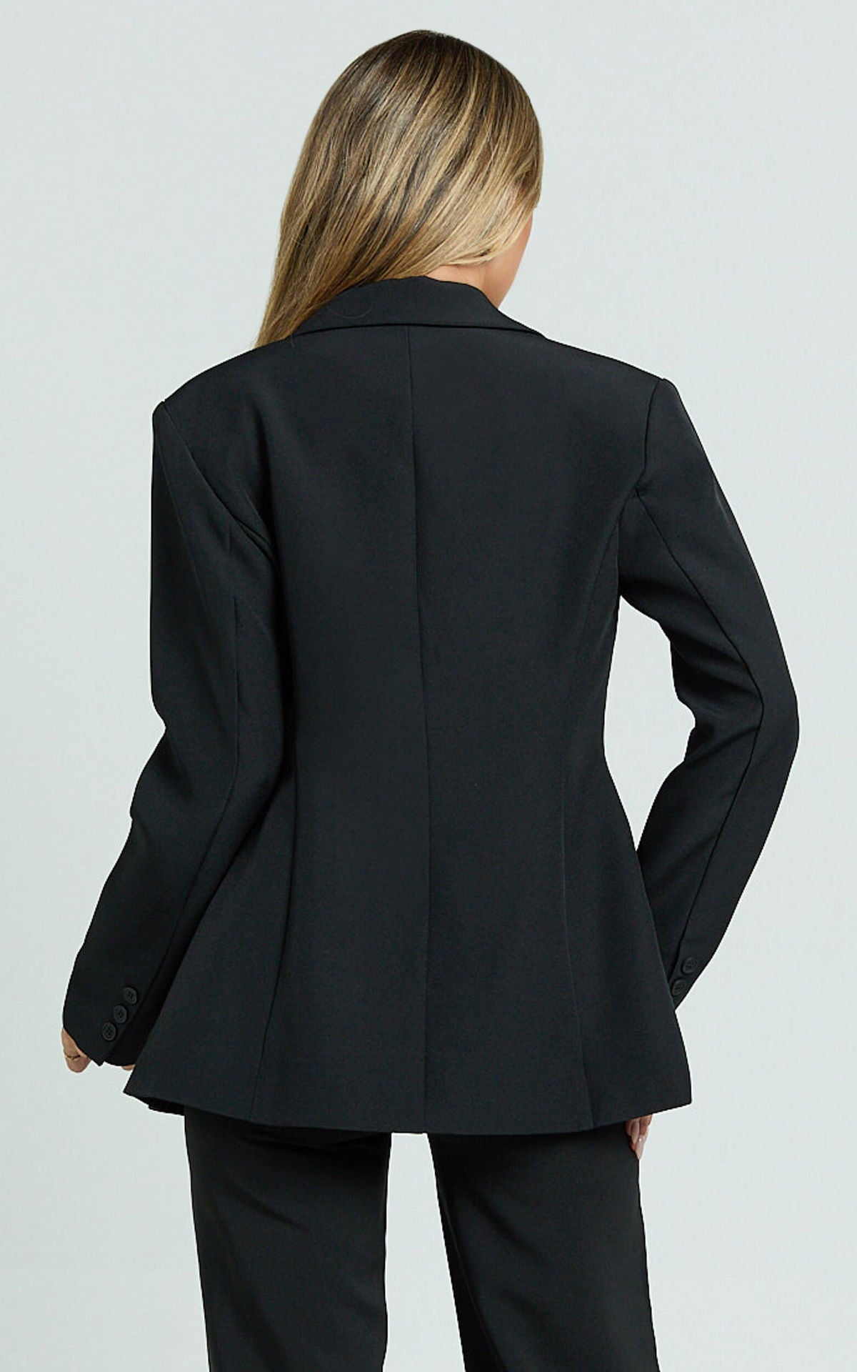 Langry fashion black peplum blazer with double-breasted front and notched lapels in casual slim fit