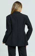 Langry fashion black peplum blazer with double-breasted front and notched lapels in casual slim fit
