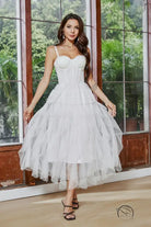 White tiered tulle dress with french tube top and white yarn straps