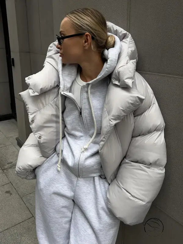 Oversized light gray puffer jacket from Langry fashion cotton padded collection
