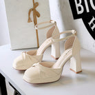 Langry cream satin platform high heel sandal with ankle strap bow