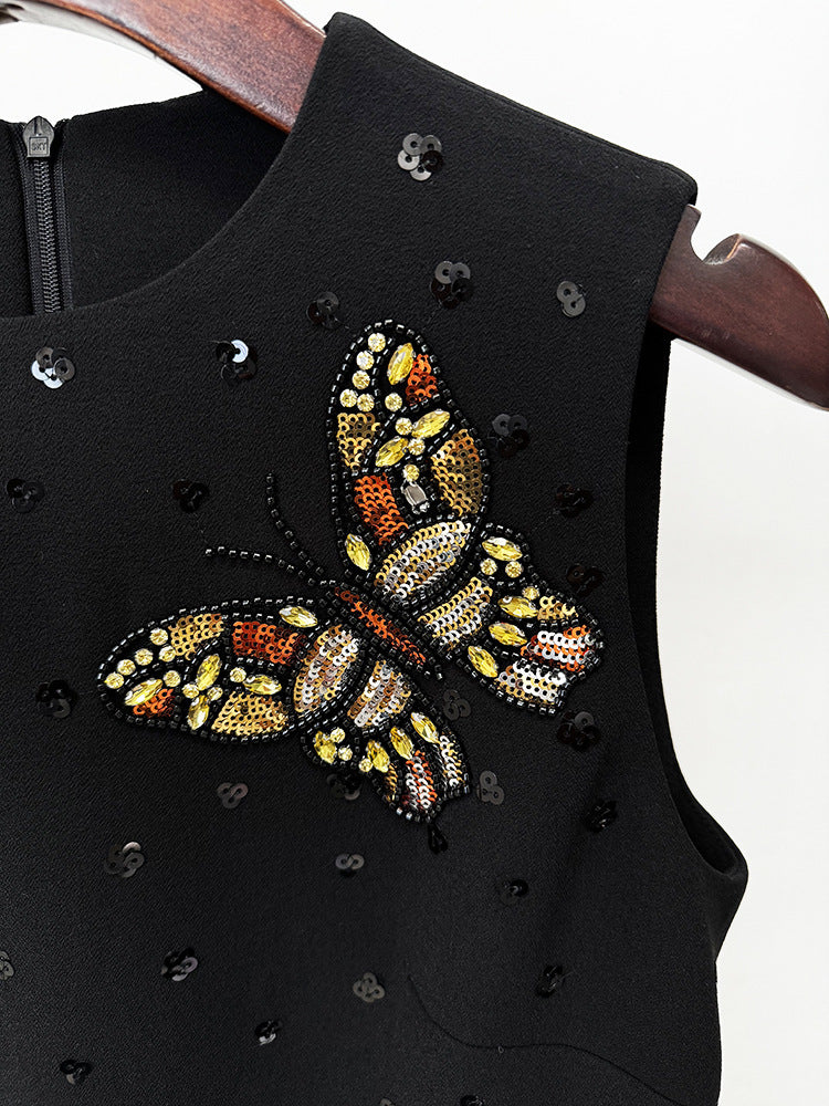 Elegant Diamond Butterfly Slim Vest Dress featuring a black dress with sequined butterfly