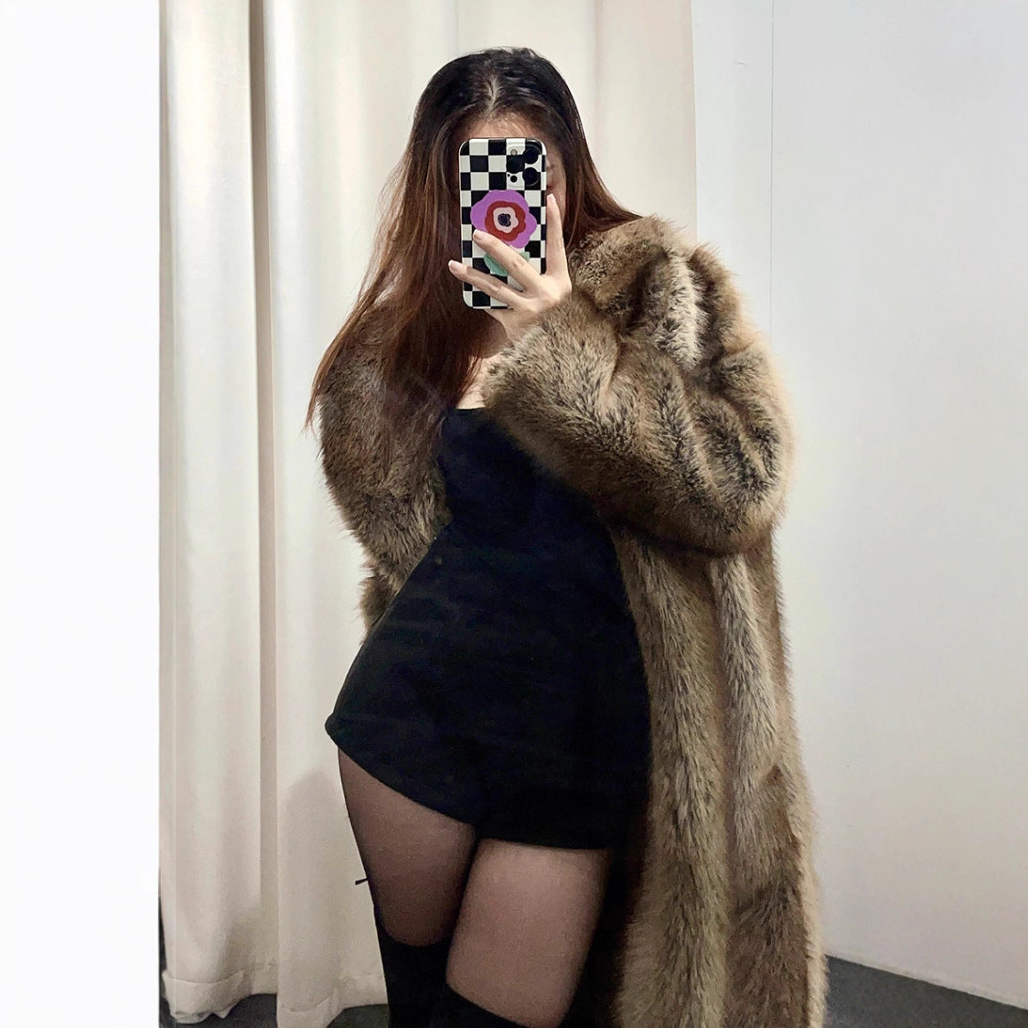 Elegant Cozy Fox Faux Fur Coat with Long Plush Tan Texture