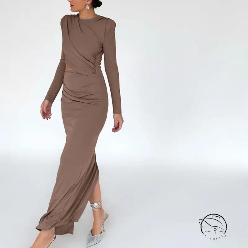 Taupe long-sleeved Enchanting Night out Dress with draped fashion detailing