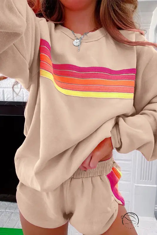 Beige loose slim fit sweatshirt with rainbow chest stripes in casual two piece set
