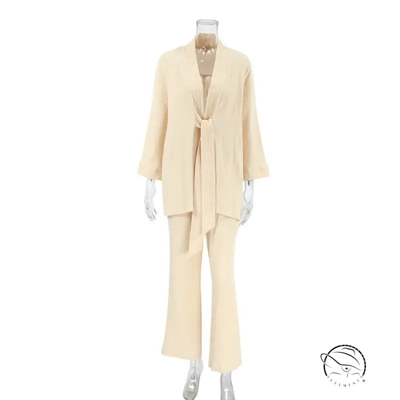 Winter pure cotton pajamas: cream two-piece wide-leg pant and tie-front top set