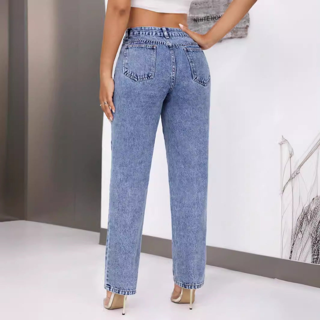 Women retro high waist straight leg jeans with distressed details and light wash denim