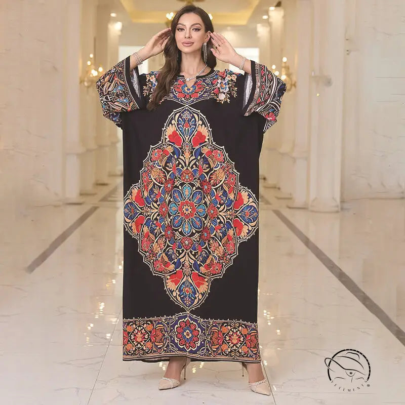 Elegant loose black floral kaftan dress with batwing sleeve length
