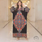 Elegant loose black floral kaftan dress with batwing sleeve length