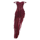 Elegant langry burgundy lace high-low fashion dress with ruffles