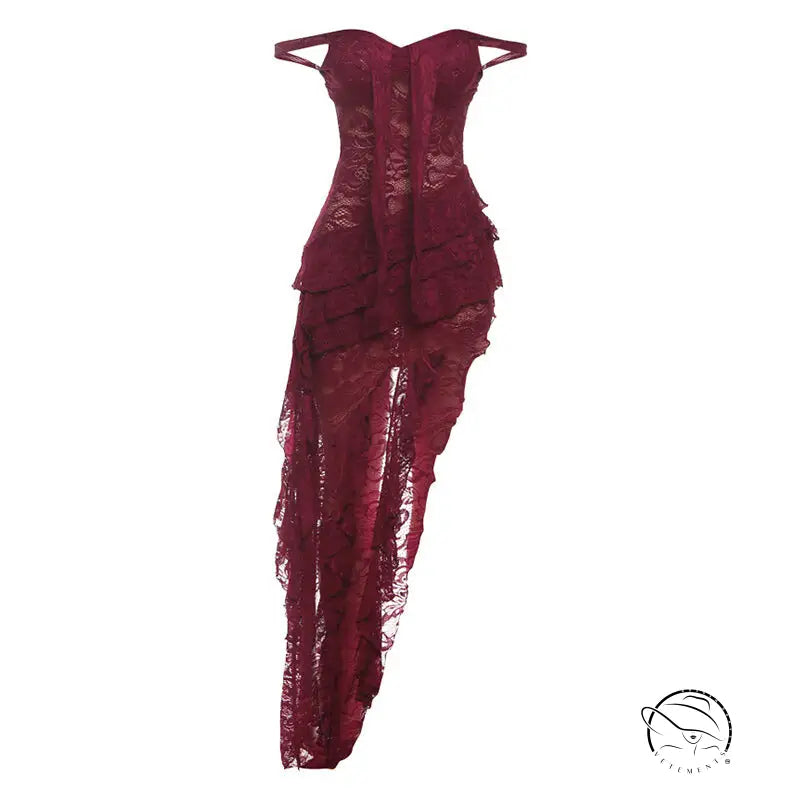 Burgundy lace high-low langry fashion dress with ruffled hem