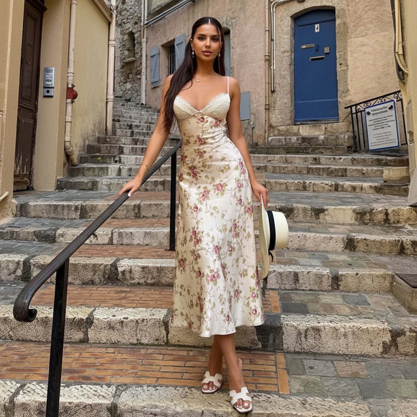 Floral A-line langry fashion midi dress with pink green embroidery