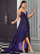 Elegant slim fit langry purple evening gown with plunging neckline