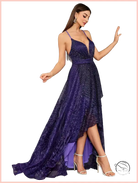 Elegant slim fit langry fashion deep purple high-low evening gown