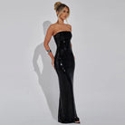 Strapless black sequined evening gown showcasing elegant fashion and modern ملابس style