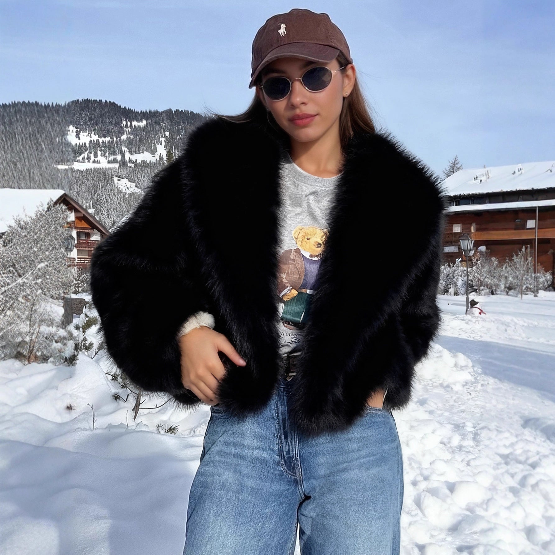 Langry faux fur effect plush coat with white trim and baseball cap