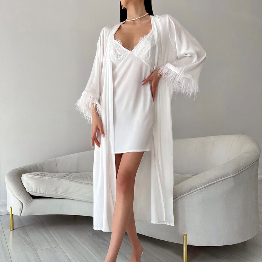 Elegant white satin slip dress with feather-trimmed robe in Comfortable Loose HomeWear Sets