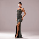 Strapless metallic green gown with thigh-high slit in Beautiful Sheath Cocktail Evening Dress