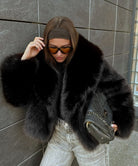 Langry faux fur effect plush coat with black fur, silver fox trim, brown bandana