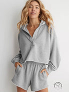 Cozy grey langry fashion sweatsuit with half-zip hooded pullover and shorts