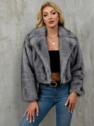 Gray faux fur cropped jacket with plush textured surface and oversized collar