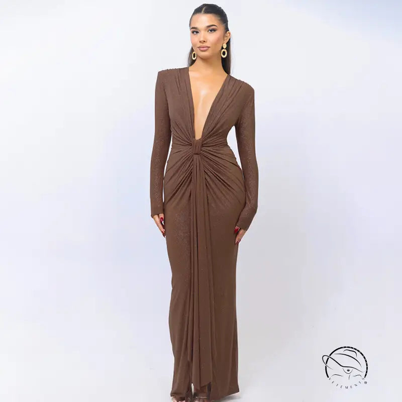 Brown long-sleeved maxi slit slim fitting dress