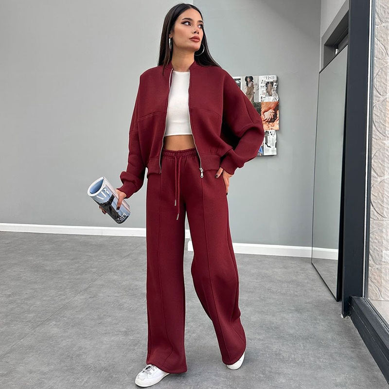 Winter Fur Zipper Cardigan Casual Straight Pants Two Piece Sets