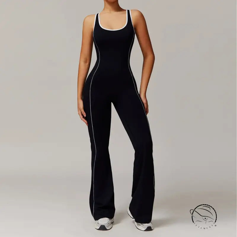 Black yoga jumpsuit with white trim by Langry fashion