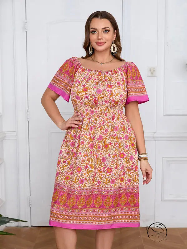 Elegant bohemian dress: plus-size off-shoulder midi with floral print