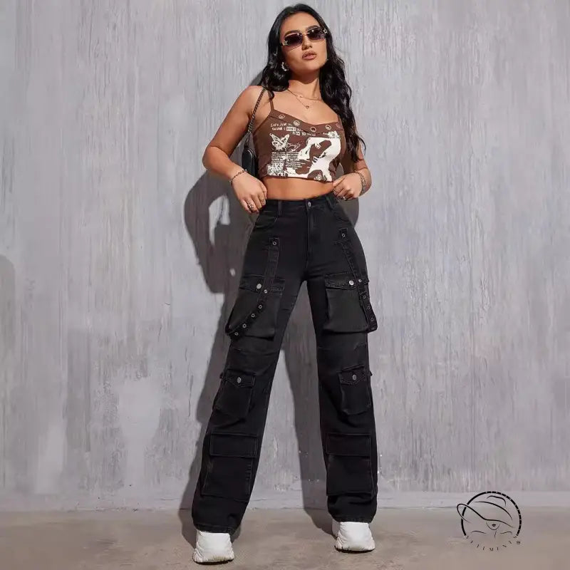 Dark wash denim high elastic hip hop cargo jeans with pockets and rivets