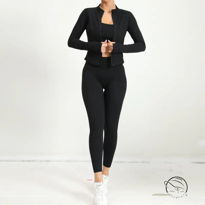 Black high-waist three-piece yoga clothes suit with zipper leggings and jacket