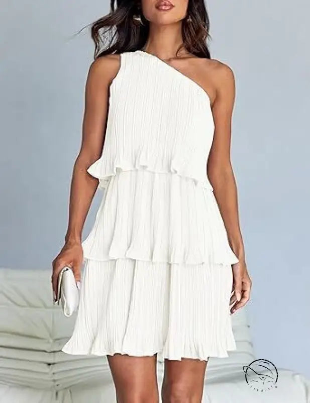 White stunning shoulder layered stitching tiered one-shoulder dress