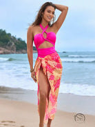 Stunning one piece swimsuit in hot pink with coral orange tie-dye sarong