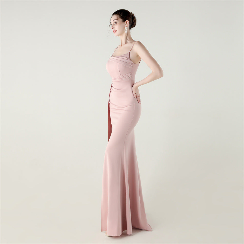Elegant blush-pink langry fashion mermaid gown with high side slit