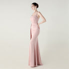 Elegant blush-pink langry fashion mermaid gown with high side slit