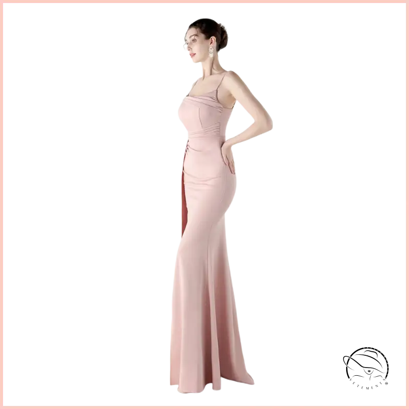 Elegant blush-pink langry fashion mermaid gown with high side slit