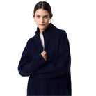 Navy blue textured cozy half high collar wool zipper cardigan with regular sleeve