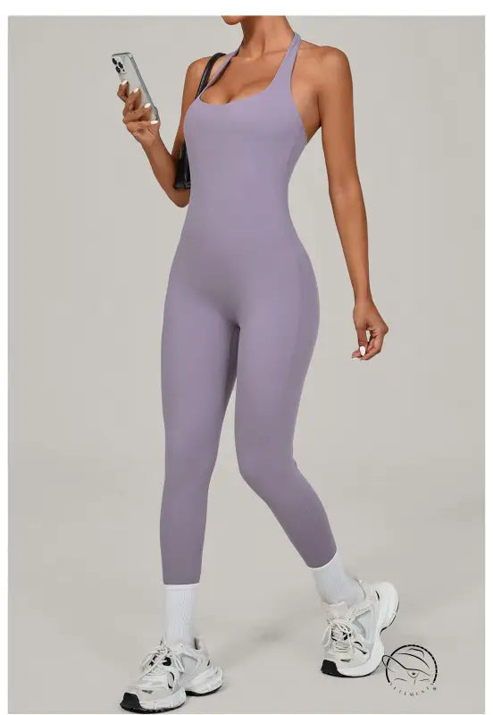 Sleek lavender langry halter yoga jumpsuit for outdoor fashion ملابس