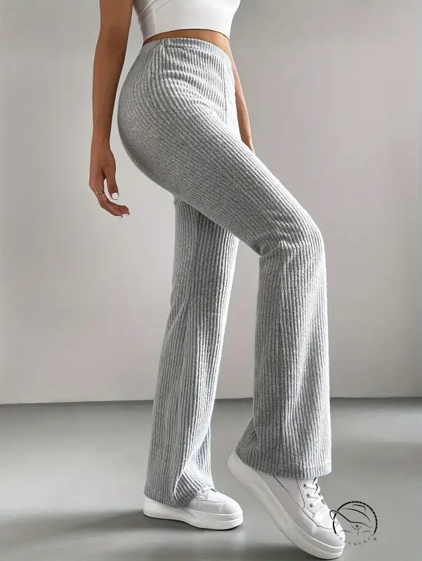 Light grey ribbed flare casual knitted match pants by Langry