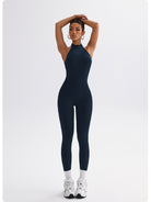 Sleek navy blue Langry tight yoga jumpsuit in form-fitting fashion ملابس
