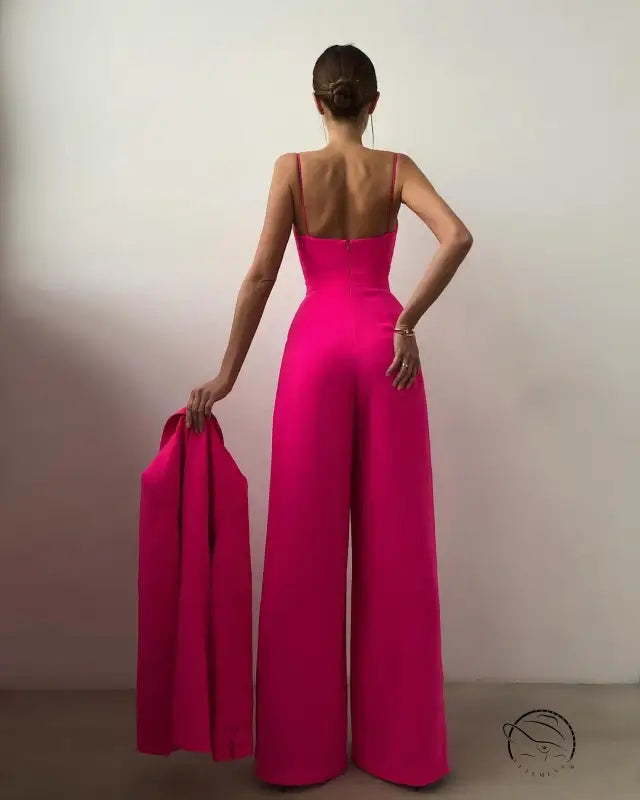 Hot pink strapless modern jumpsuit with wide-leg pants by Langry fashion