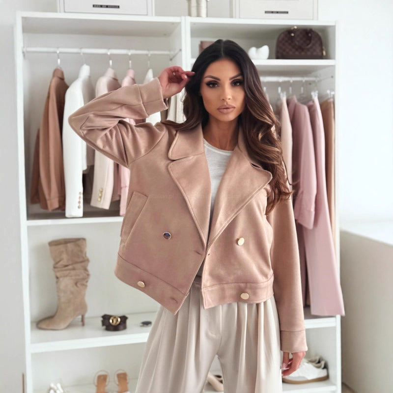 Langry fashion beige suede slim collared short coat with gold buttons