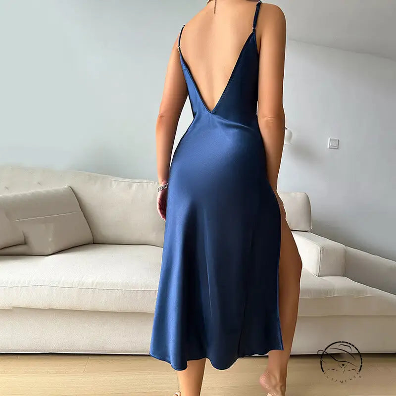 Elegant langry fashion deep blue satin midi dress with plunging back