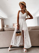 White lace maxi dress with spaghetti straps and crochet waistband detail in fashion