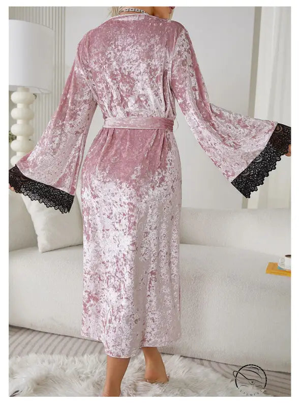 Pink lengthened bathrobe in crushed velvet with black lace trim, lace light luxury home wear
