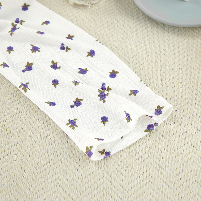 White fabric with purple floral pattern for stylish White Knitted Jacquard Pajamas fashion